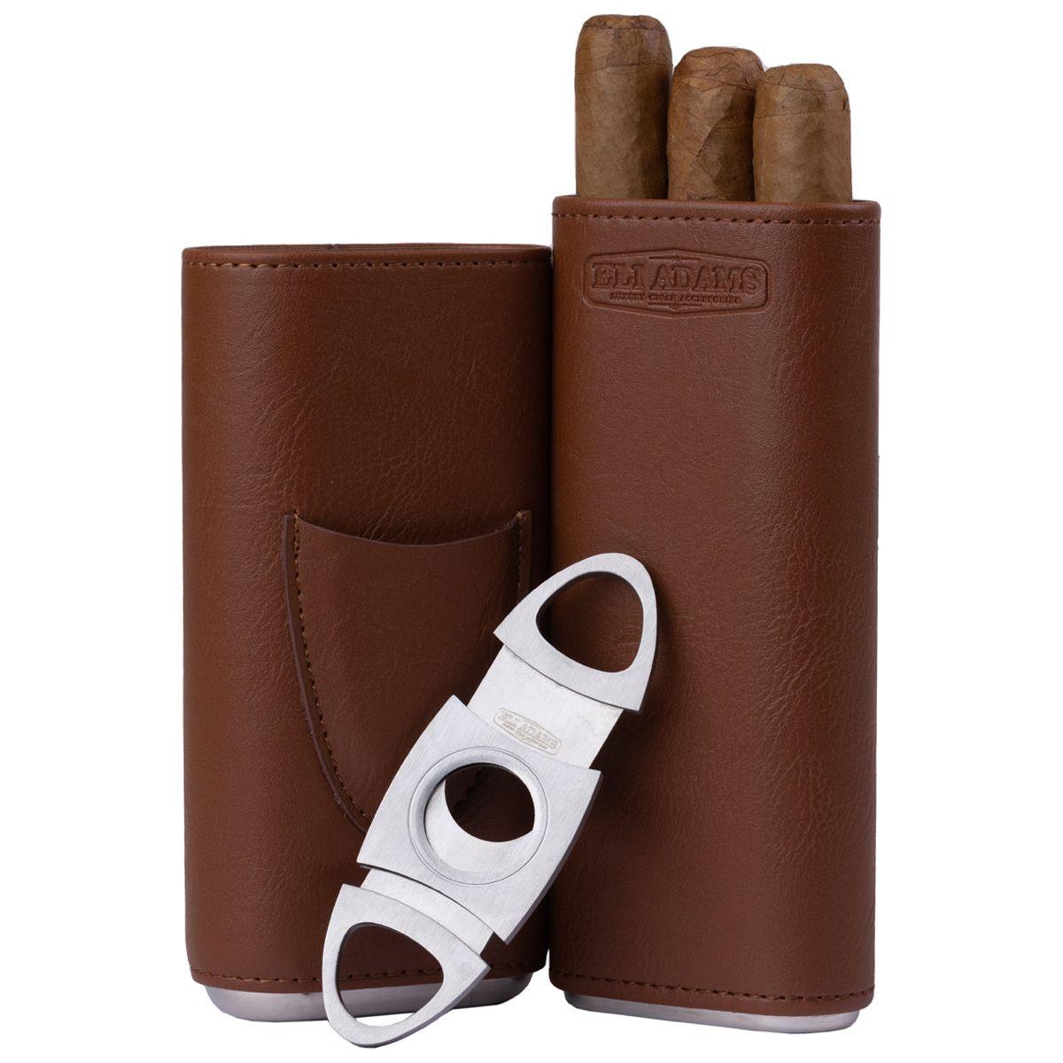 Brown Flat Pattern Leather Cigar Carry Case for 3 Cigars
