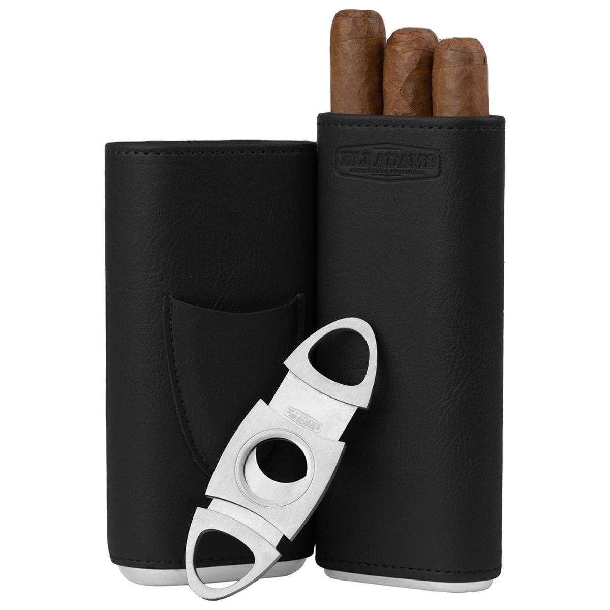 Black Flat Pattern Leather Cigar Carry Case for 3 Cigars