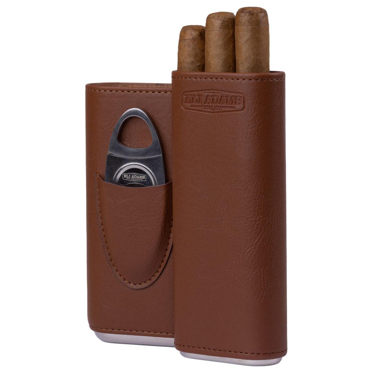 Brown Flat Pattern Leather Cigar Carry Case for 3 Cigars
