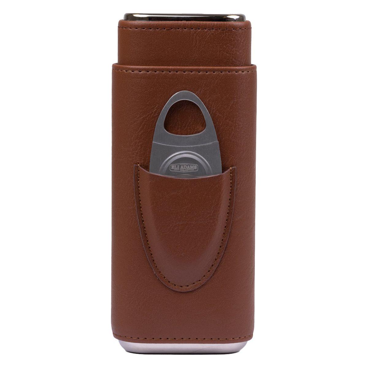 Brown Flat Pattern Leather Cigar Carry Case for 3 Cigars