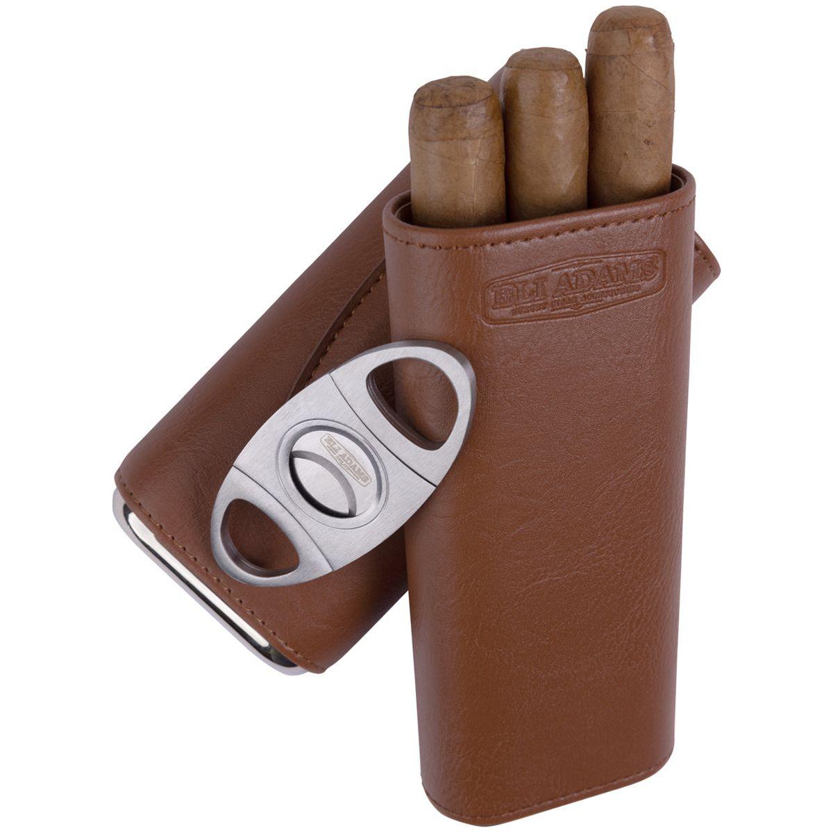 Brown Flat Pattern Leather Cigar Carry Case for 3 Cigars