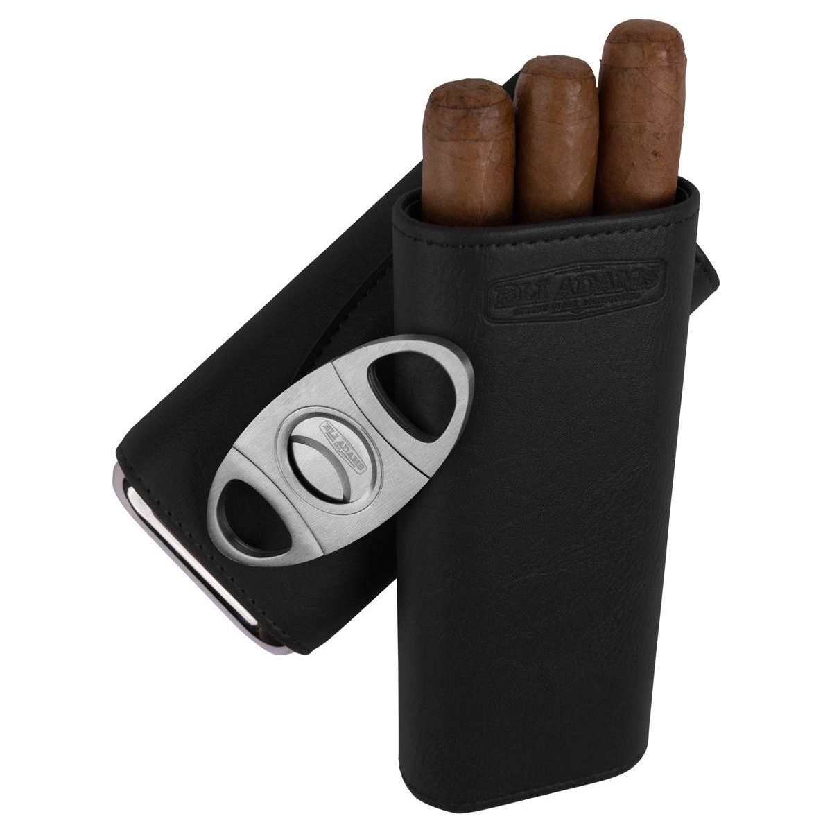 Black Flat Pattern Leather Cigar Carry Case for 3 Cigars