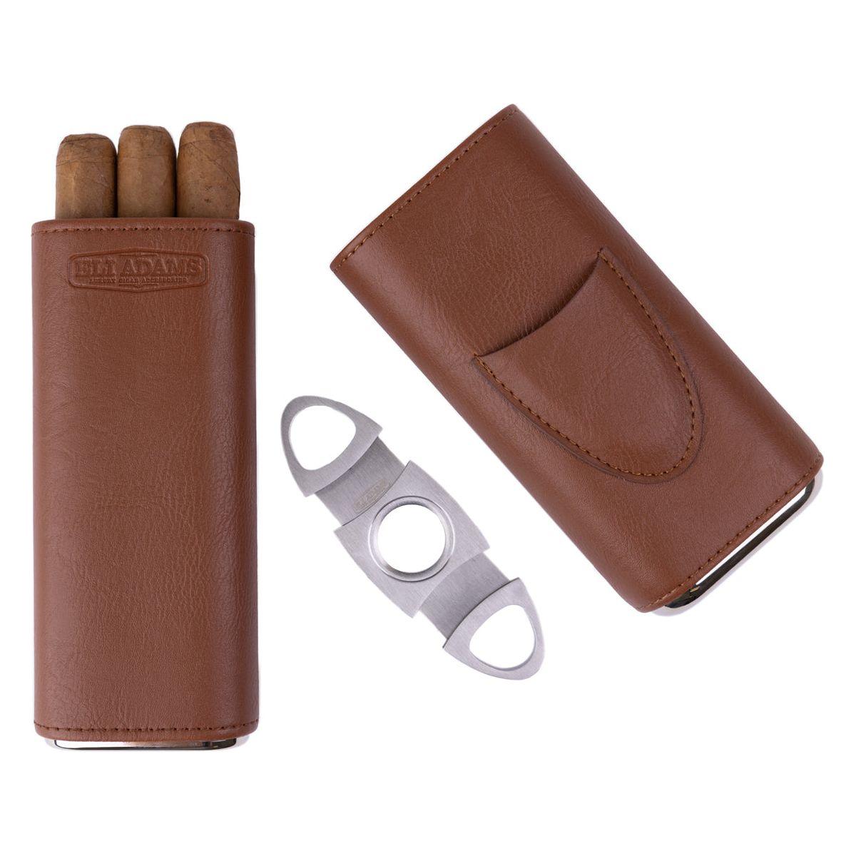 Brown Flat Pattern Leather Cigar Carry Case for 3 Cigars