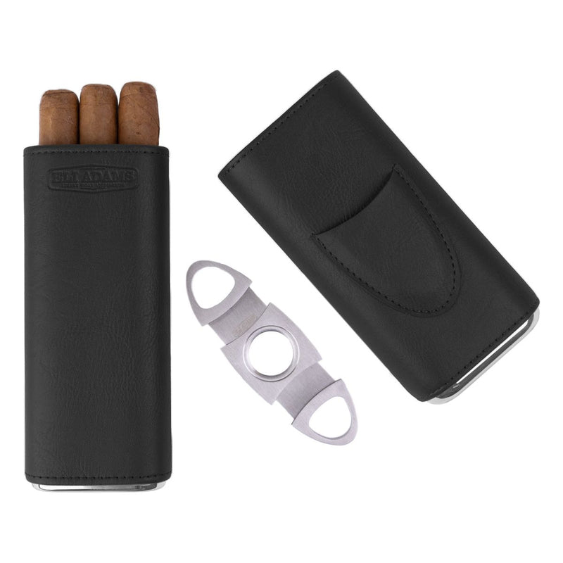 Black Flat Pattern Leather Cigar Carry Case for 3 Cigars