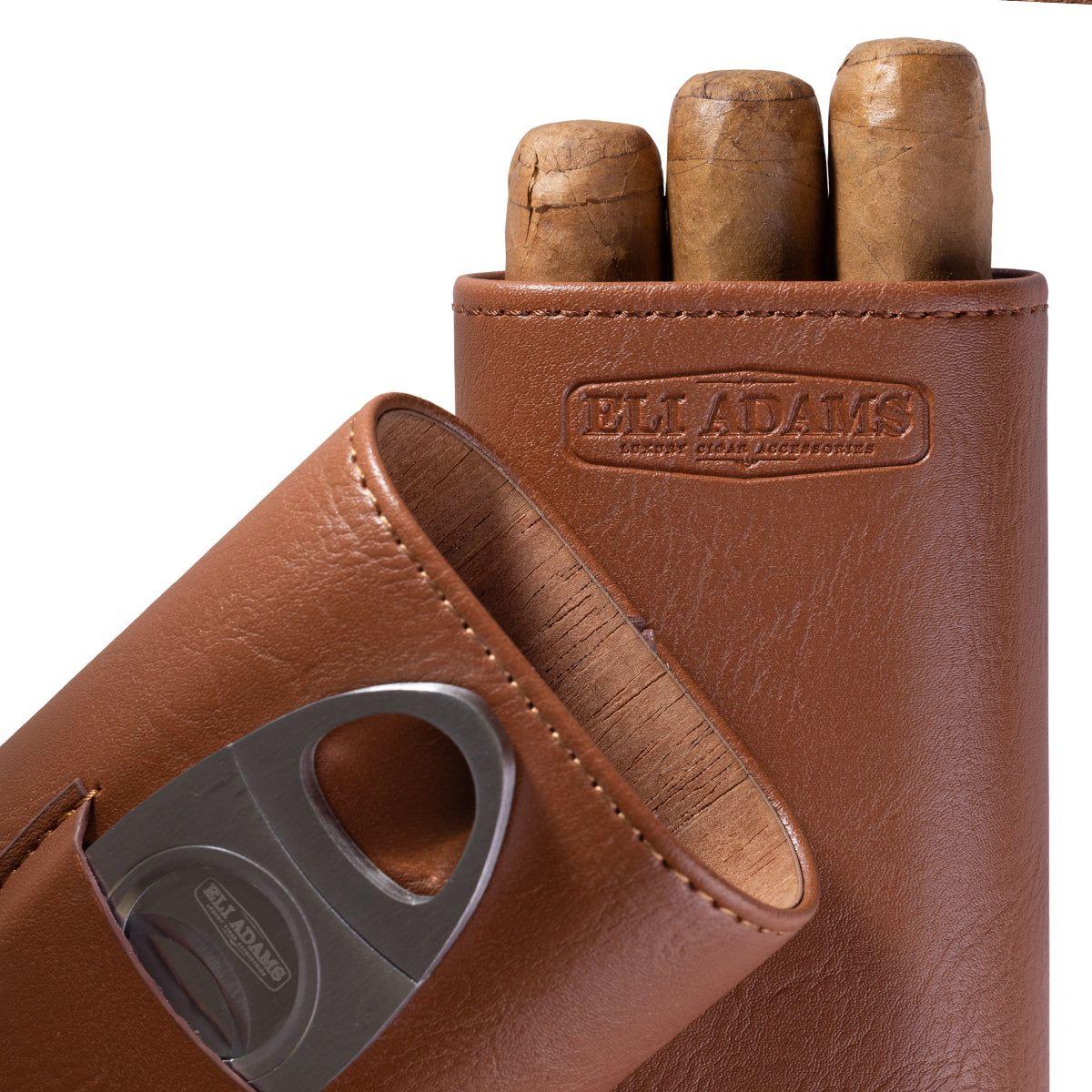 Brown Flat Pattern Leather Cigar Carry Case for 3 Cigars