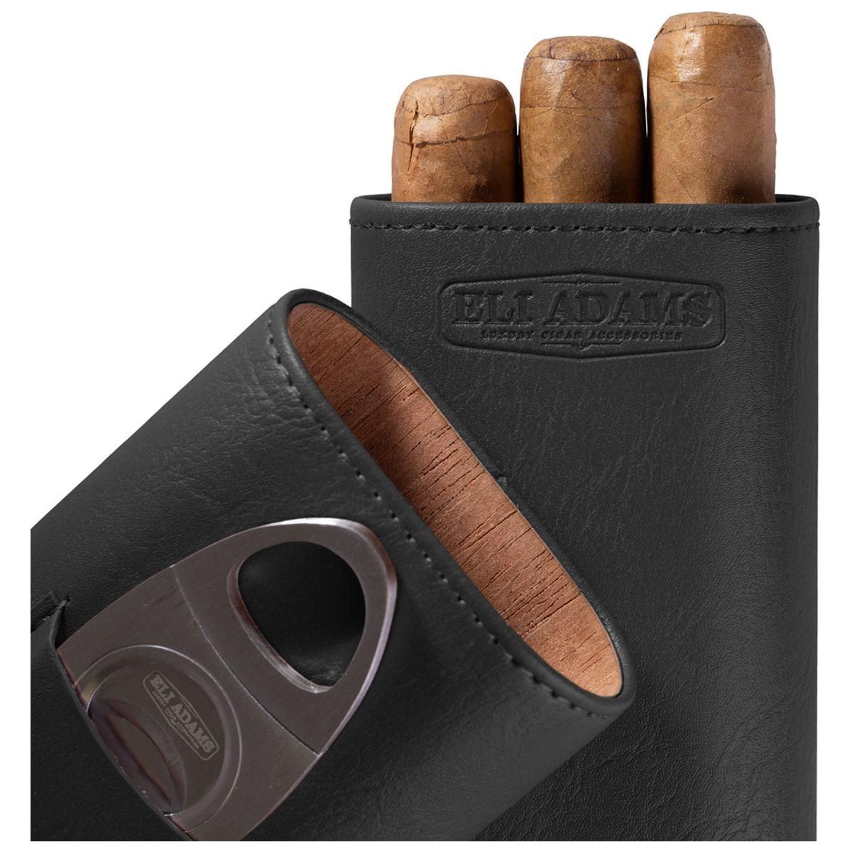 Black Flat Pattern Leather Cigar Carry Case for 3 Cigars