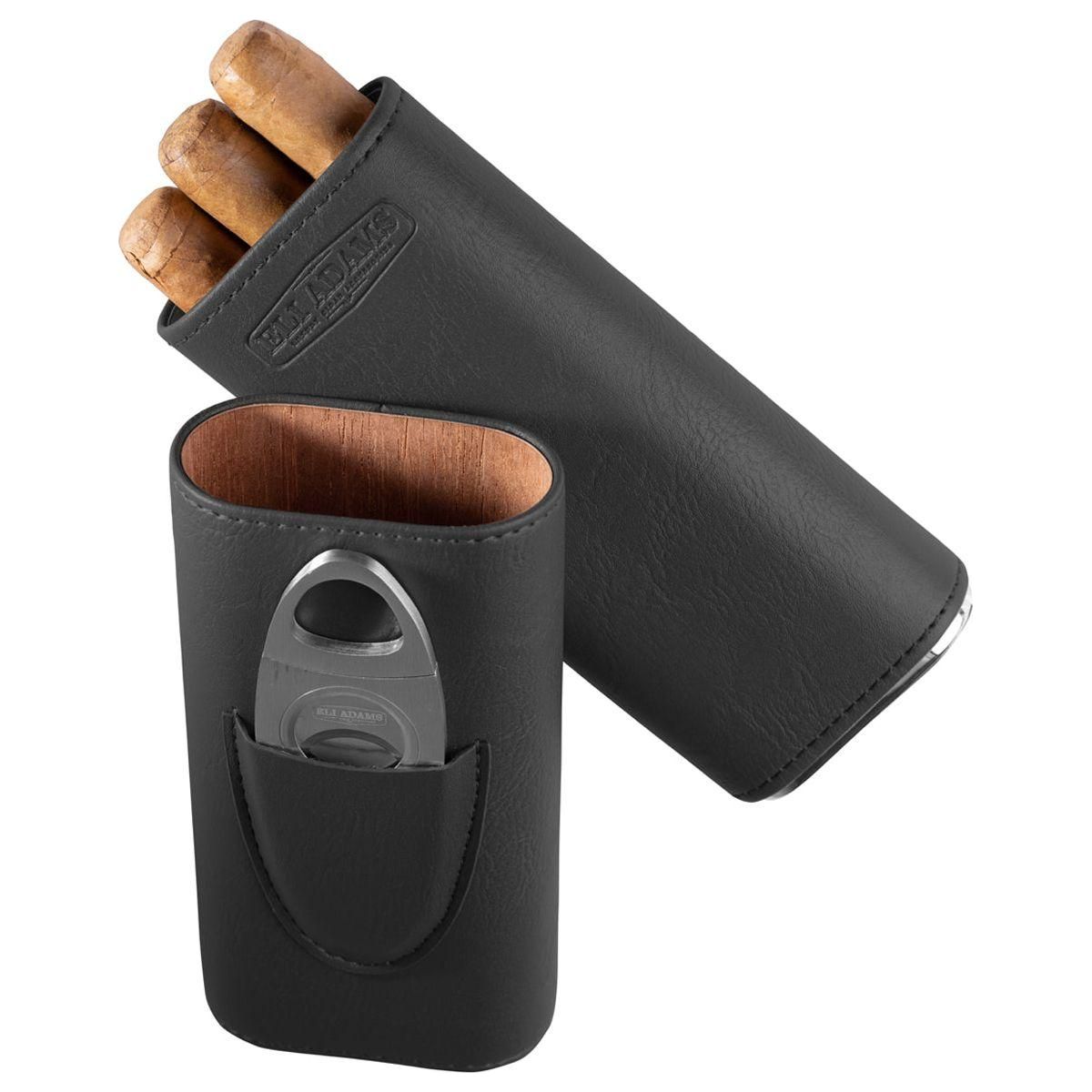 Black Flat Pattern Leather Cigar Carry Case for 3 Cigars