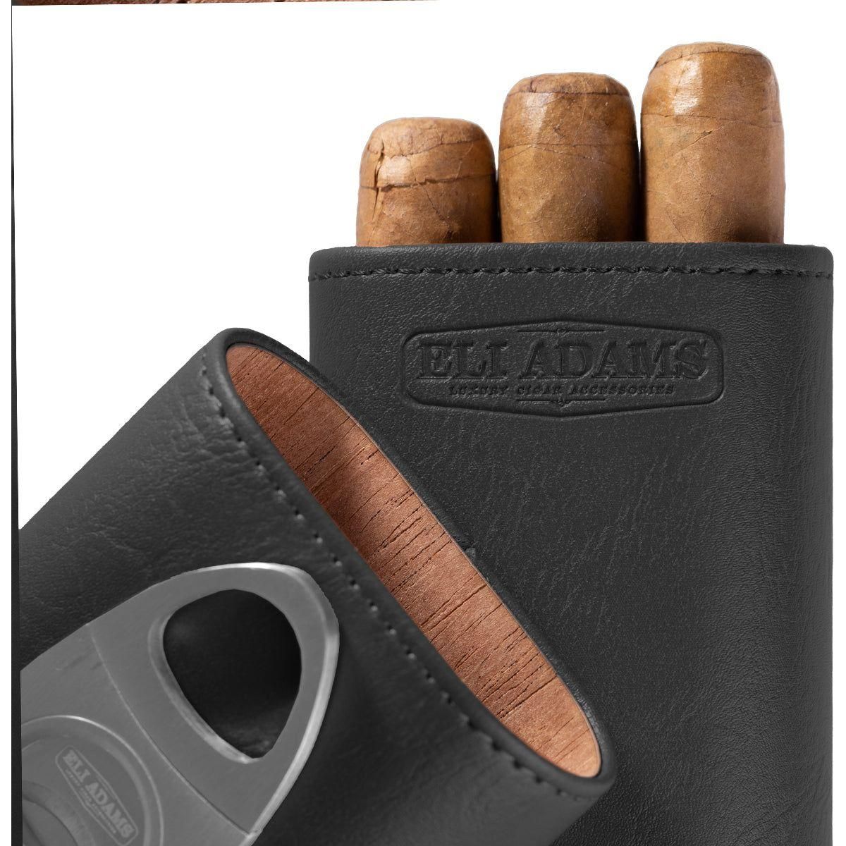 Black Flat Pattern Leather Cigar Carry Case for 3 Cigars