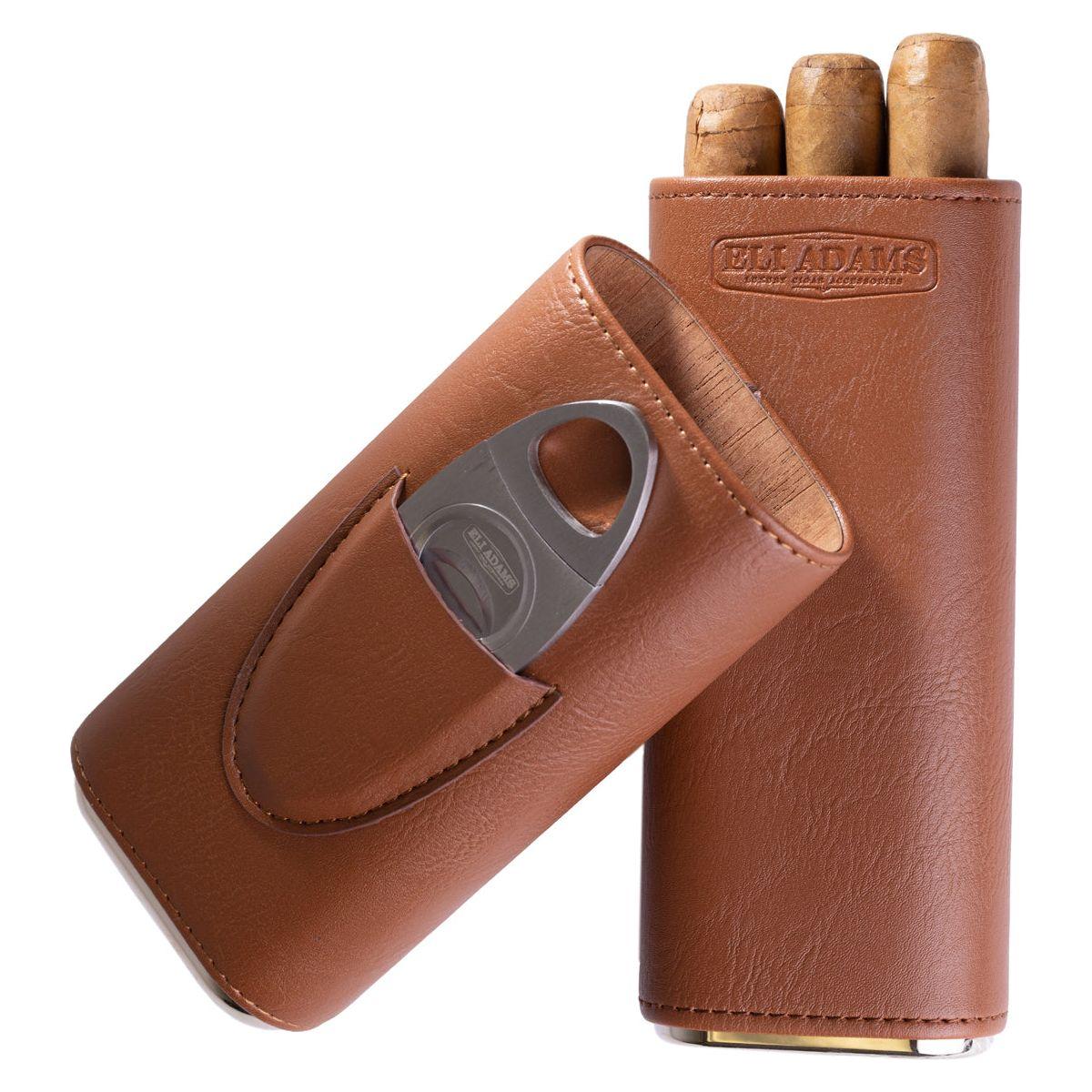 Brown Flat Pattern Leather Cigar Carry Case for 3 Cigars