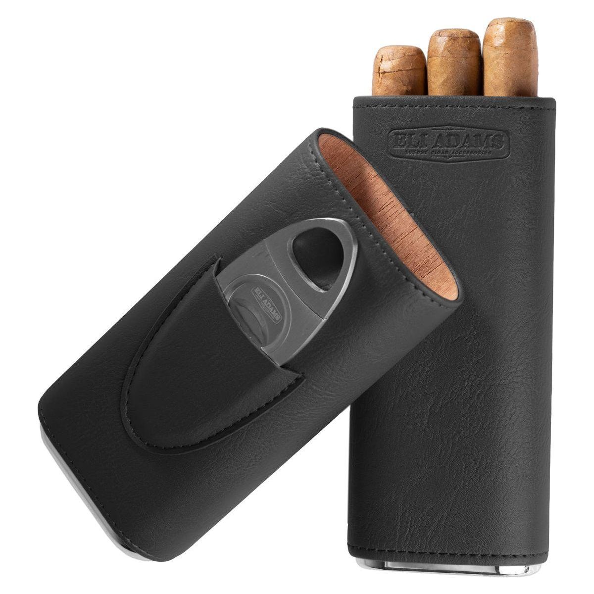 Black Flat Pattern Leather Cigar Carry Case for 3 Cigars