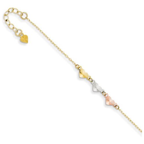 ANKQGANK175-9 14K Tri-Color Adjustable Heart Anklet