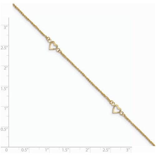 ANKQGANK218-10 14k Diamond-Cut Hearts With 9in 1in Ext Anklet