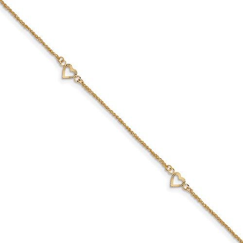 ANKQGANK218-10 14k Diamond-Cut Hearts With 9in 1in Ext Anklet