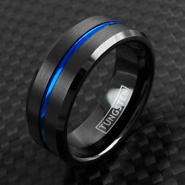 8MM Men's Black Tungsten Ring Thin Blue Line