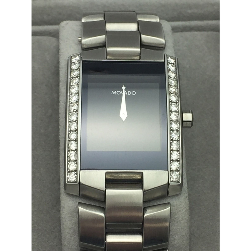 Movado Eliro Unisex Black Dial 1.00CT. 28 Diamonds Steel Bracelet Watch 0604419