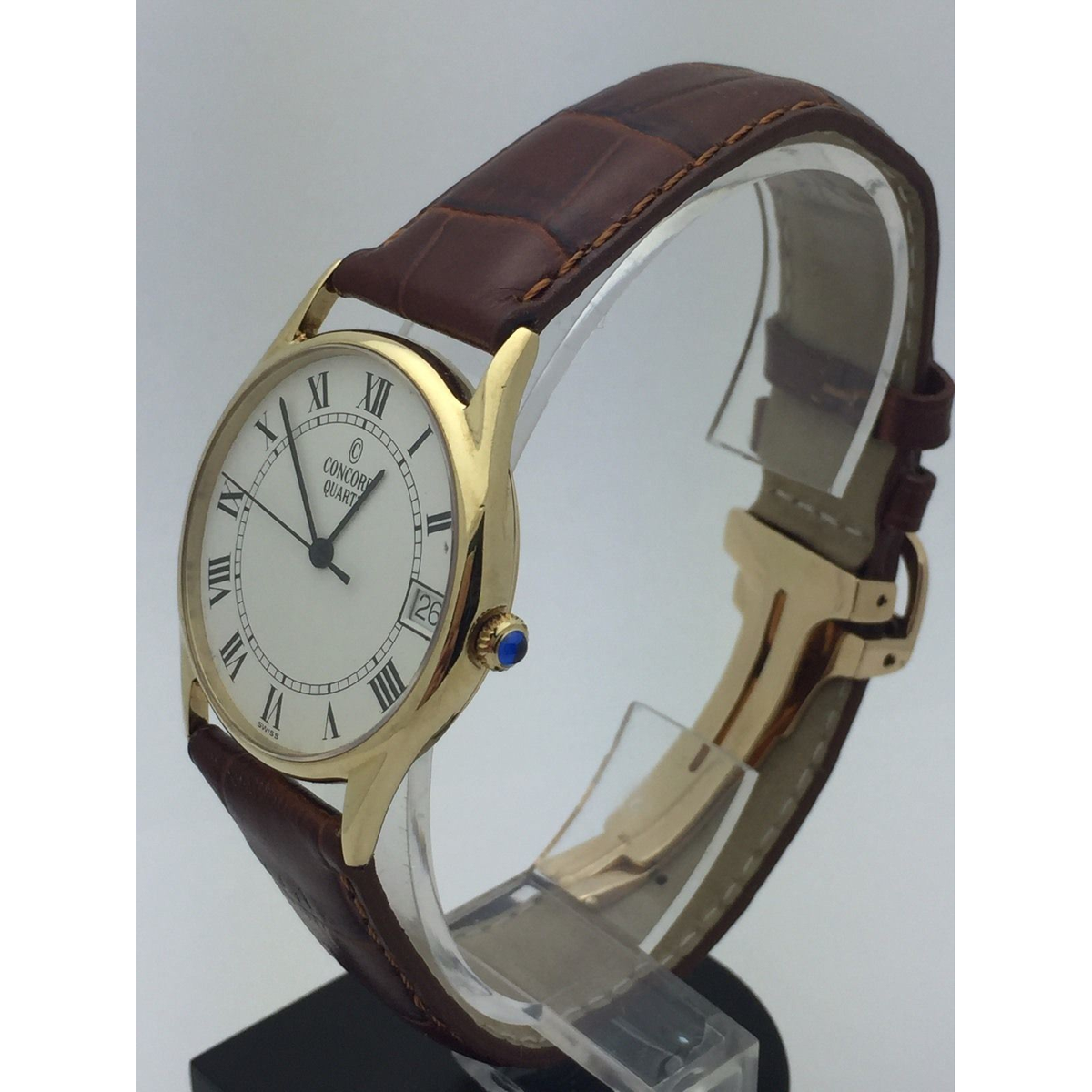 Concord Men's 14K Yellow Gold White Dial Brown Leather Quartz Watch 390099