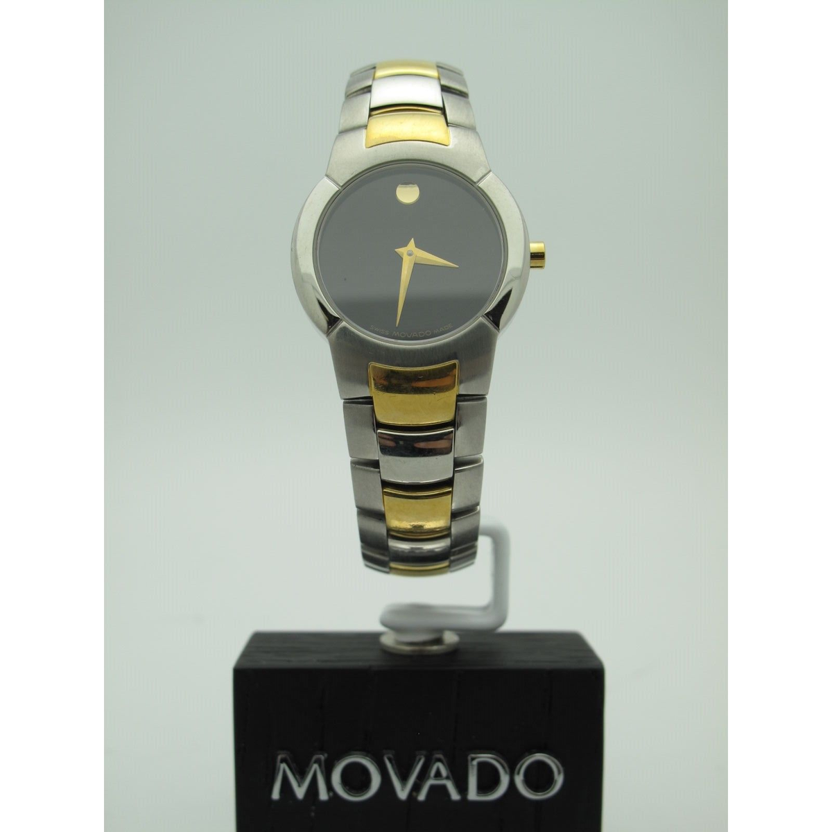Movado Ladies Black Dial Two Tone Stainless Steel Bracelet Watch 0604871