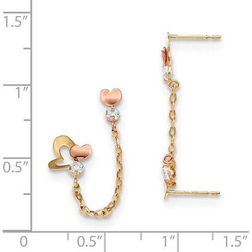EARDDQGGK915 14k Madi K Two-Tone CZ Double Post With Chain Heart Earring