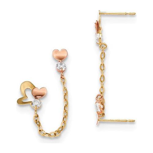 EARDDQGGK915 14k Madi K Two-Tone CZ Double Post With Chain Heart Earring