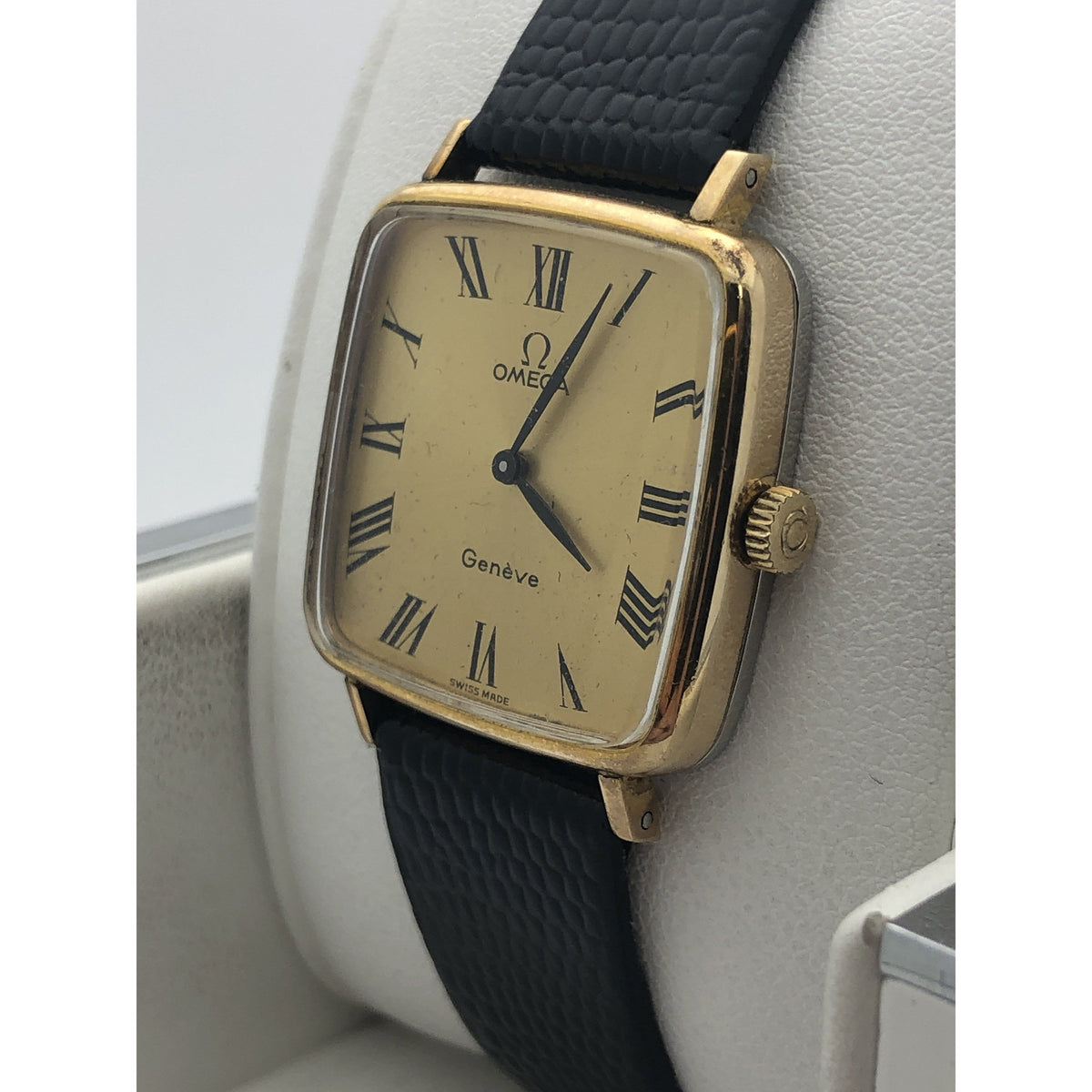 Omega Geneve Unisex Gold Tone Dial Black Leather Strap Watch