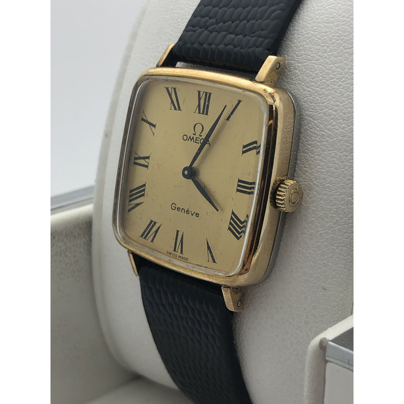Omega Geneve Unisex Gold Tone Dial Black Leather Strap Watch