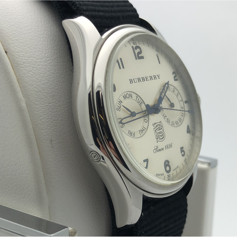 Burberry Unisex Silver Dial Day Date Black Nylon Strap Watch