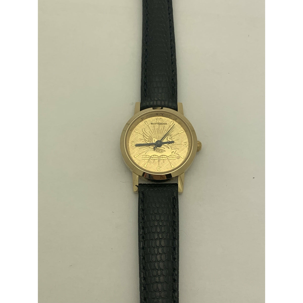 Wittnauer Ladies Gold Tone Dial Black Genuine Leather Band Watch