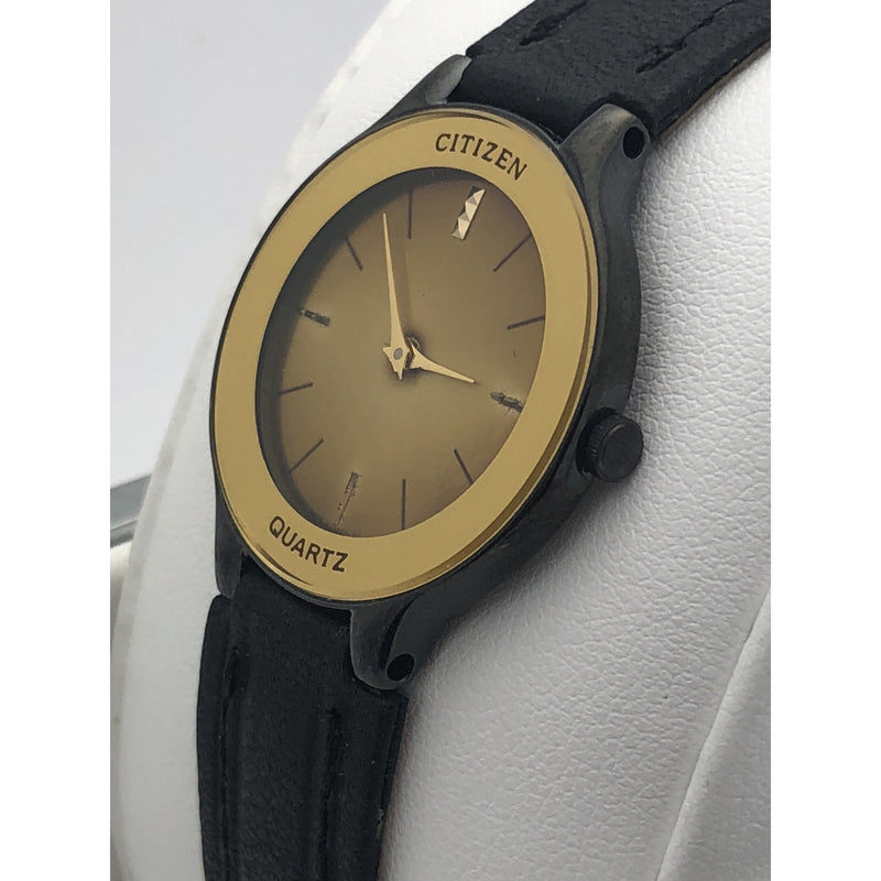 Citizen Men's Collectors Item Quartz Gold Tone Dial Black Band Watch 8103090