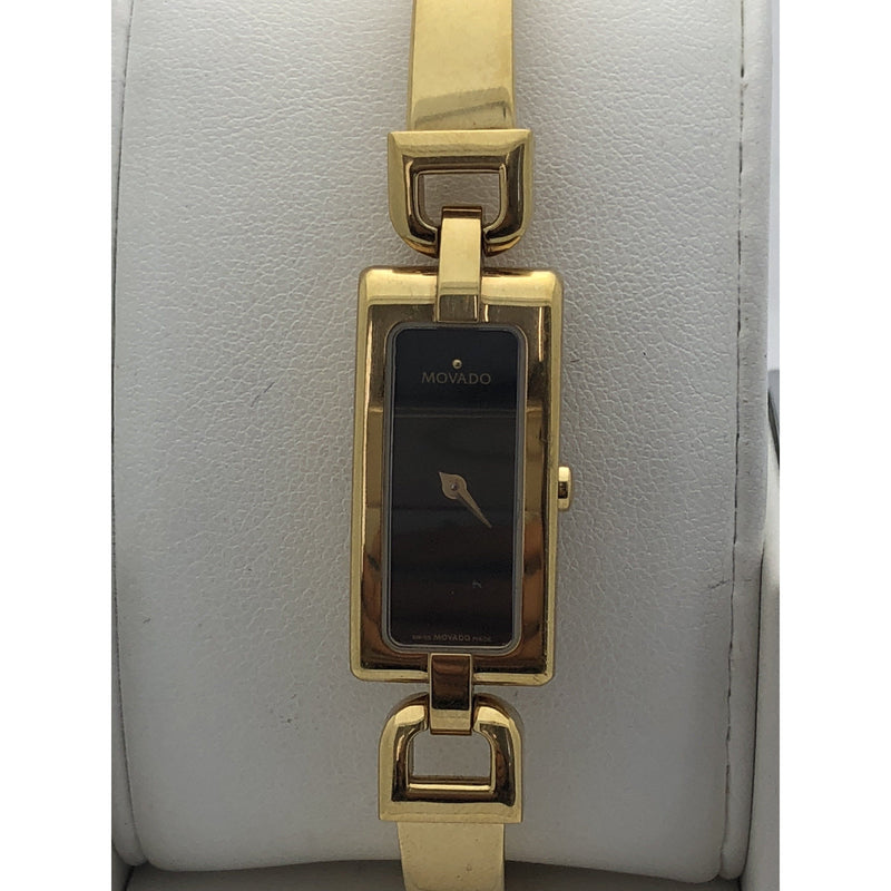Movado Ladies Rectangle Black Dial Yellow Gold Stainless Steel Bracelet Watch 0605754