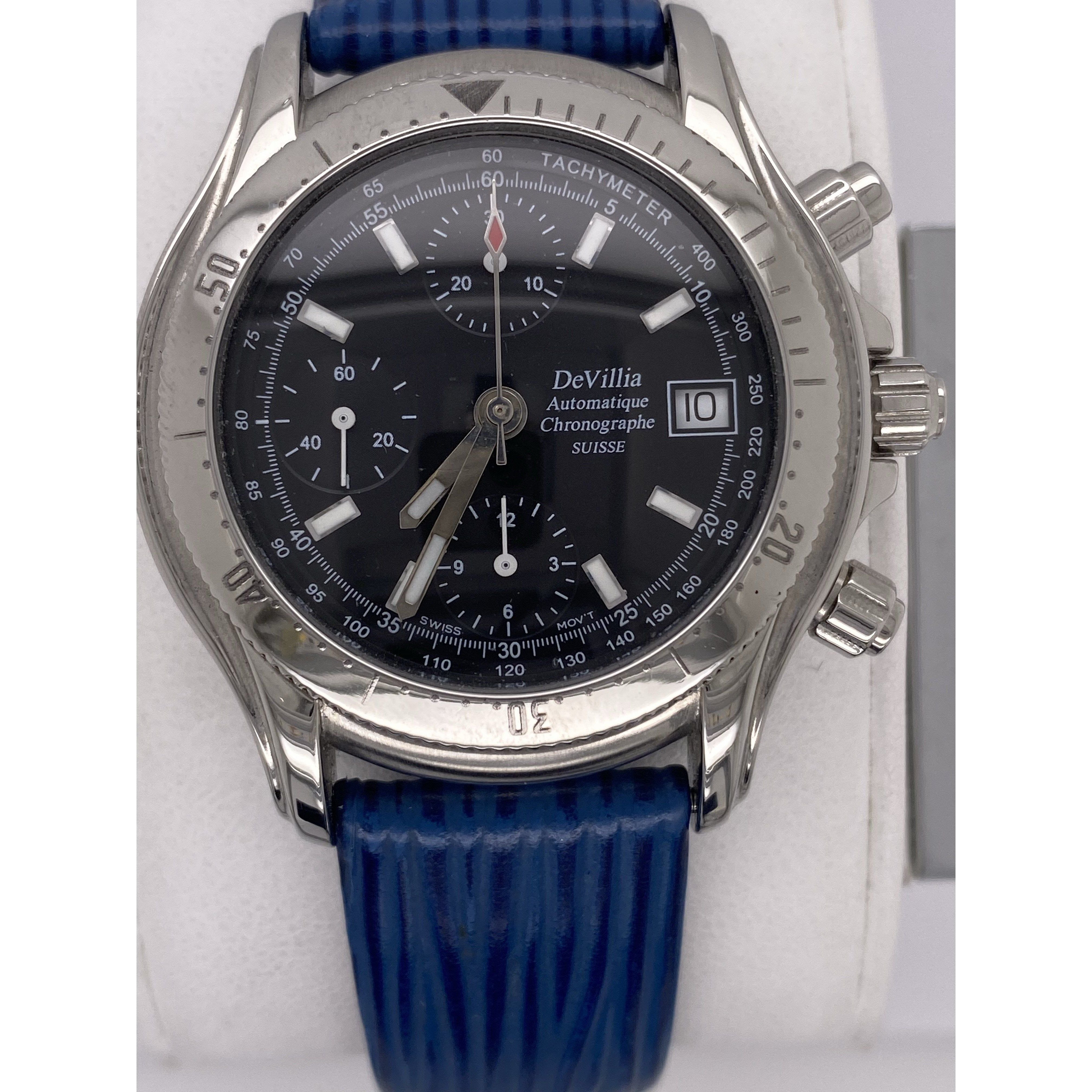 DeVillia Men's Valjoux SUISSE Black Dial Blue Leather Strap Watch