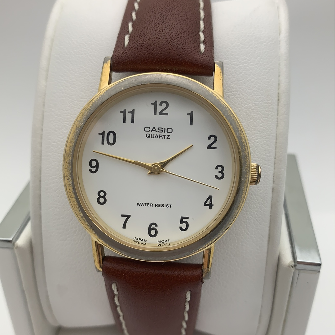 Casio Unisex White Dial Brown Leather Strap Watch MTP-1095