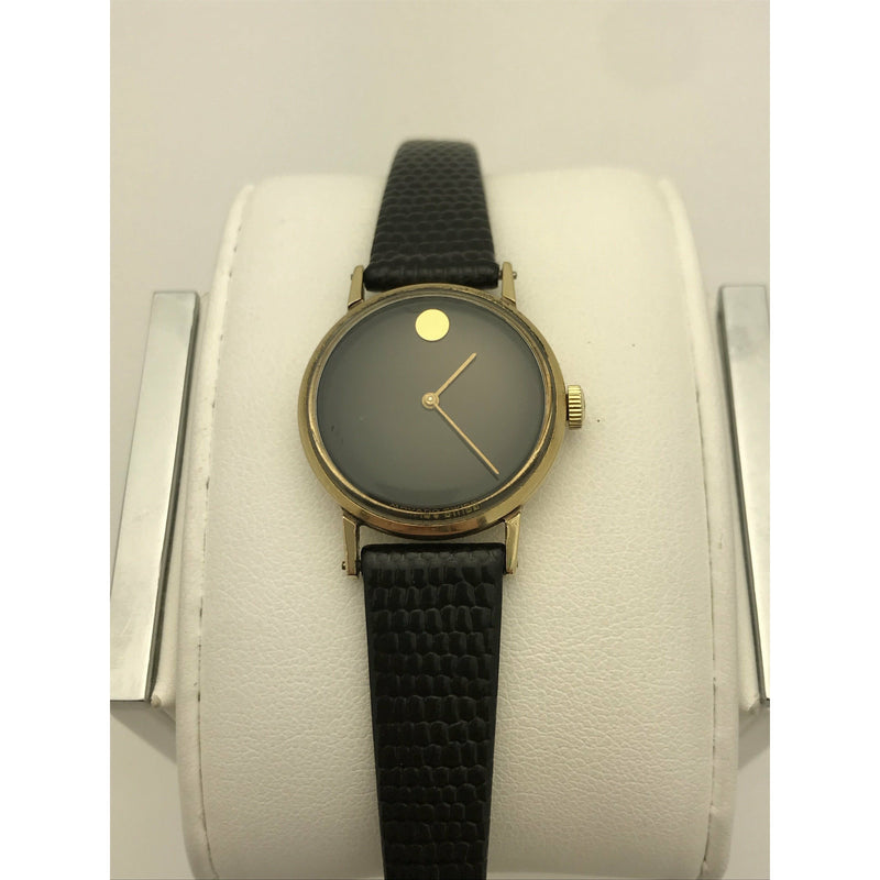 Movado Ladies 14K Yellow Gold Case Black Dial Black Leather Strap Watch