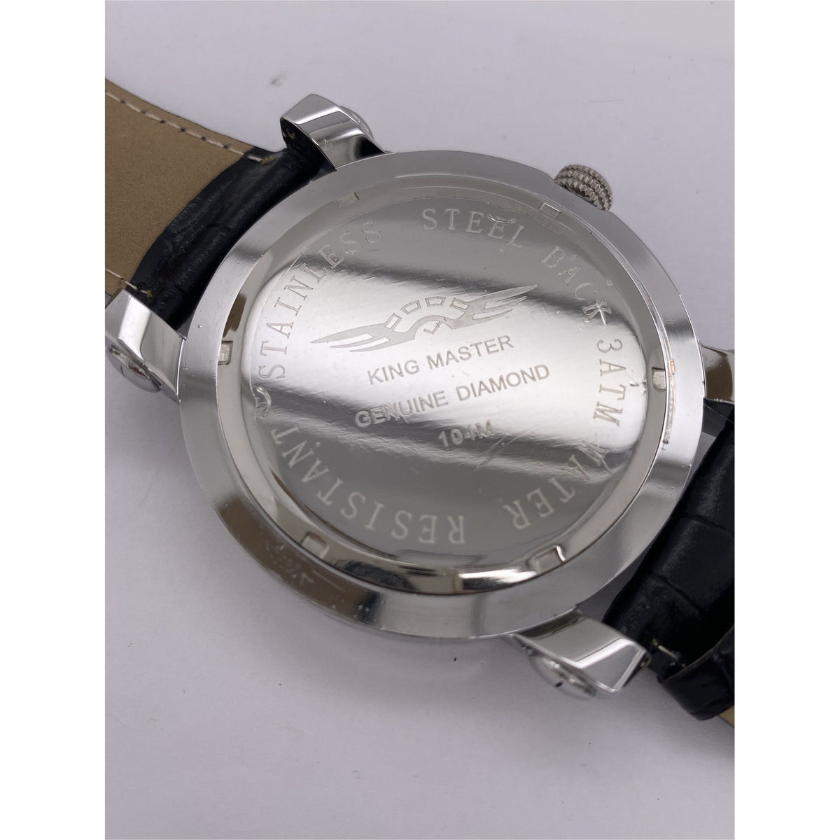 King Master Men's Silver Dial Black Leather Strap Diamond Bezel Watch 104M