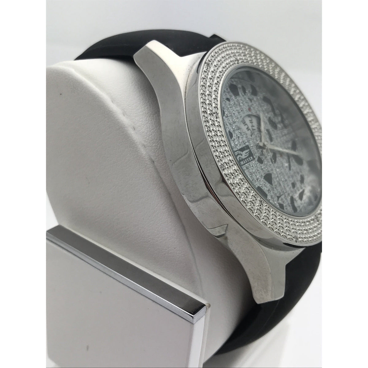 King Master Men's Diamond Bezel Silver Tone Dial Black Leather Band Watch 3303