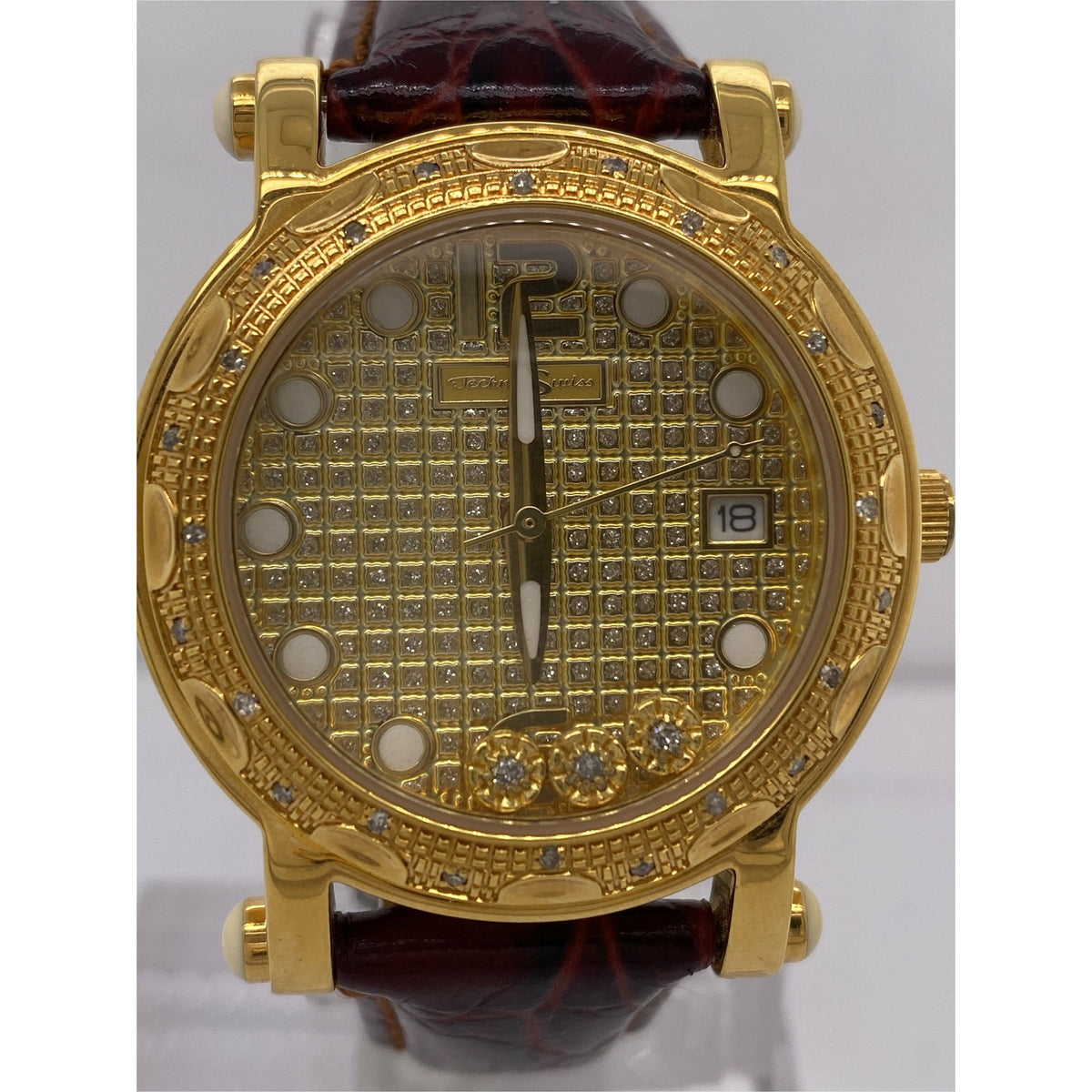 Techno Swiss Ladies Gold Dial Floating Charms Brown Leather Strap Watch TSM-1010