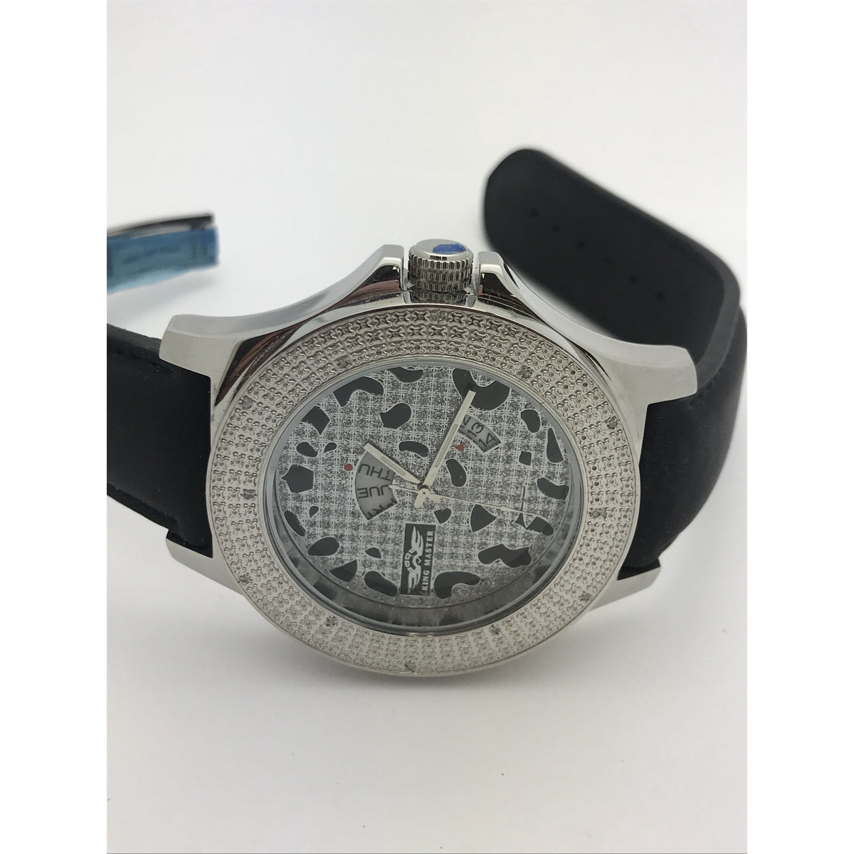 King Master Men's Diamond Bezel Silver Tone Dial Black Leather Band Watch 3303