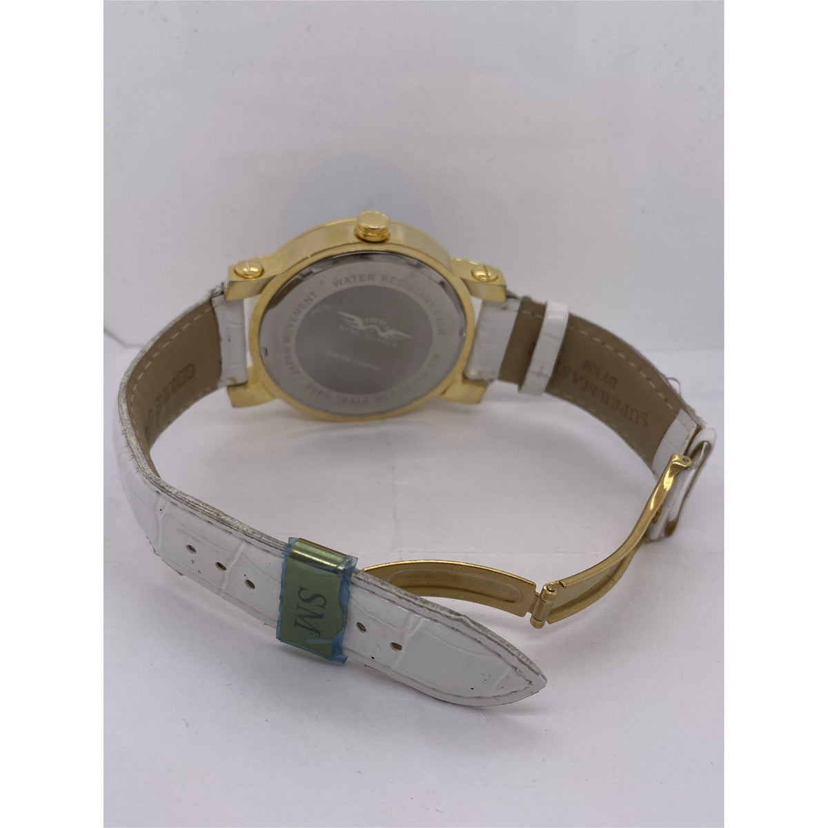 King Master Men's Gold Bezel Blue Dial White Leather Strap Watch