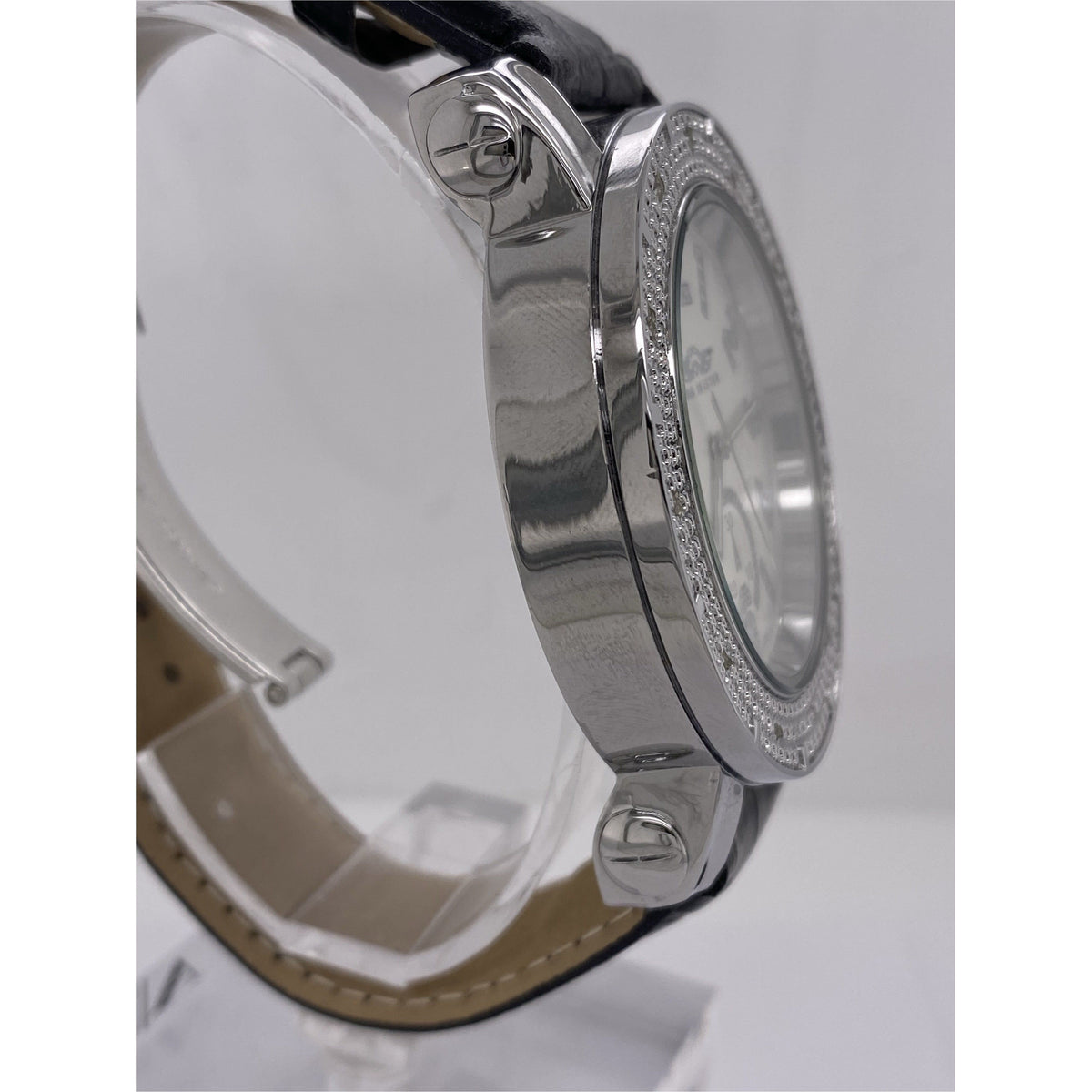 King Master Men's Silver Dial Black Leather Strap Diamond Bezel Watch 104M