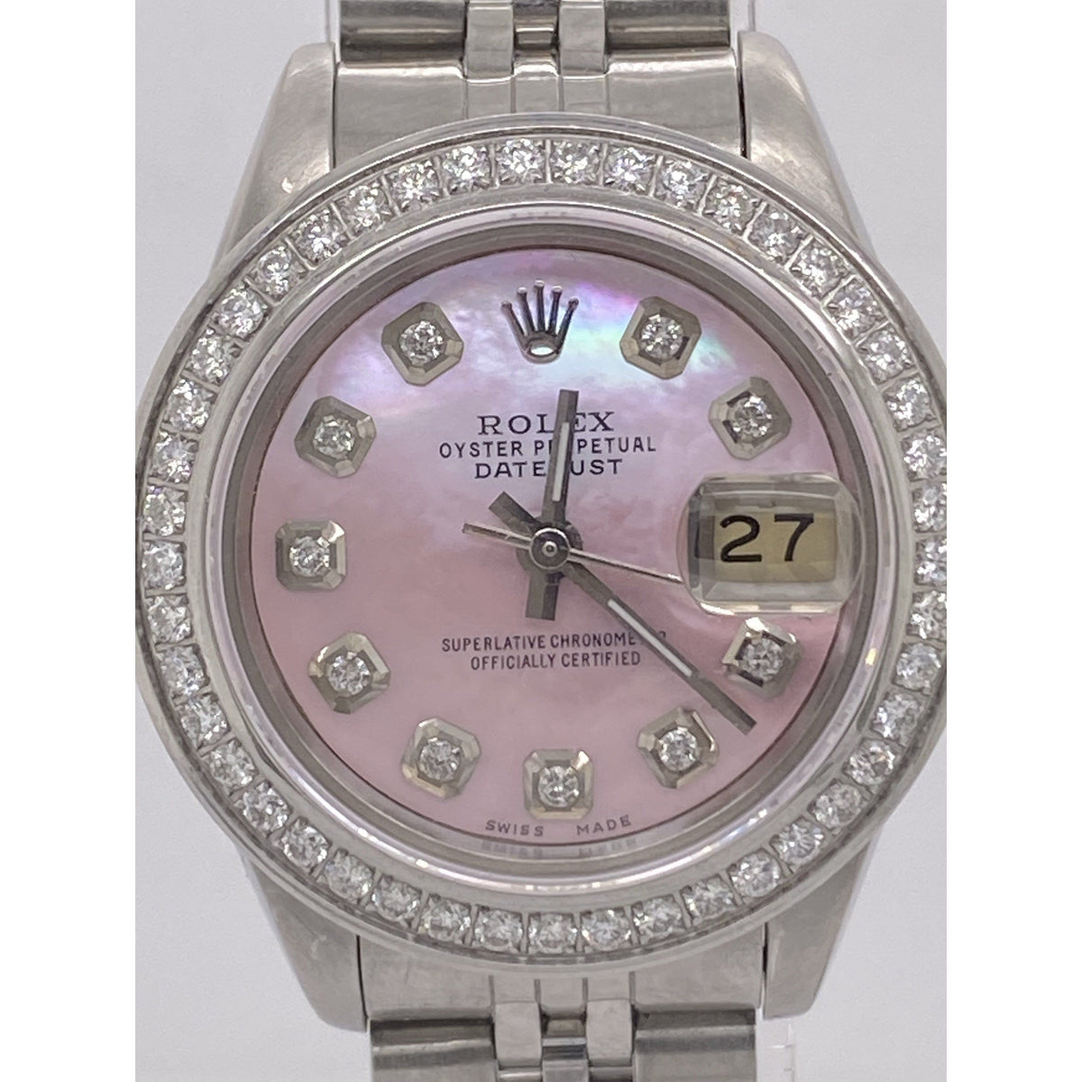 Rolex Ladies Oyster Perpetual Datejust Pink MOP Dial Diamond Bezel 0.75CT. Jubilee Bracelet Watch