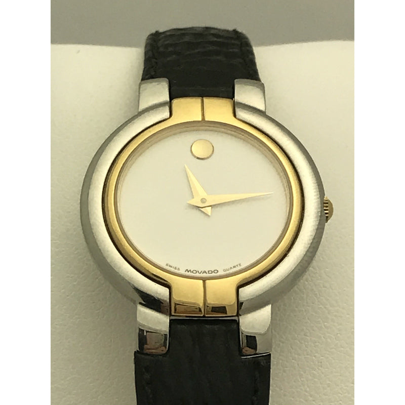 Movado Ladies White Dial Black Leather Strap Watch 0602836
