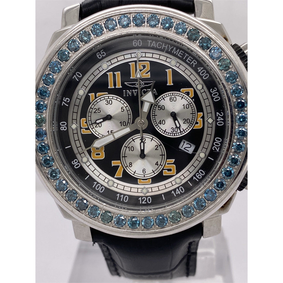 Invicta Men's Black Dial Blue Diamond Bezel 2.00CT. Black Leather Strap Watch 0616