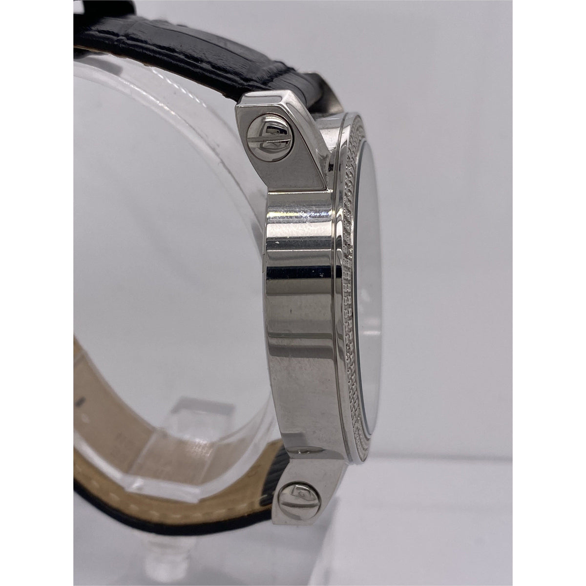 King Master Men's Silver Tone Dial Black Leather Strap Genuine Diamond Watch