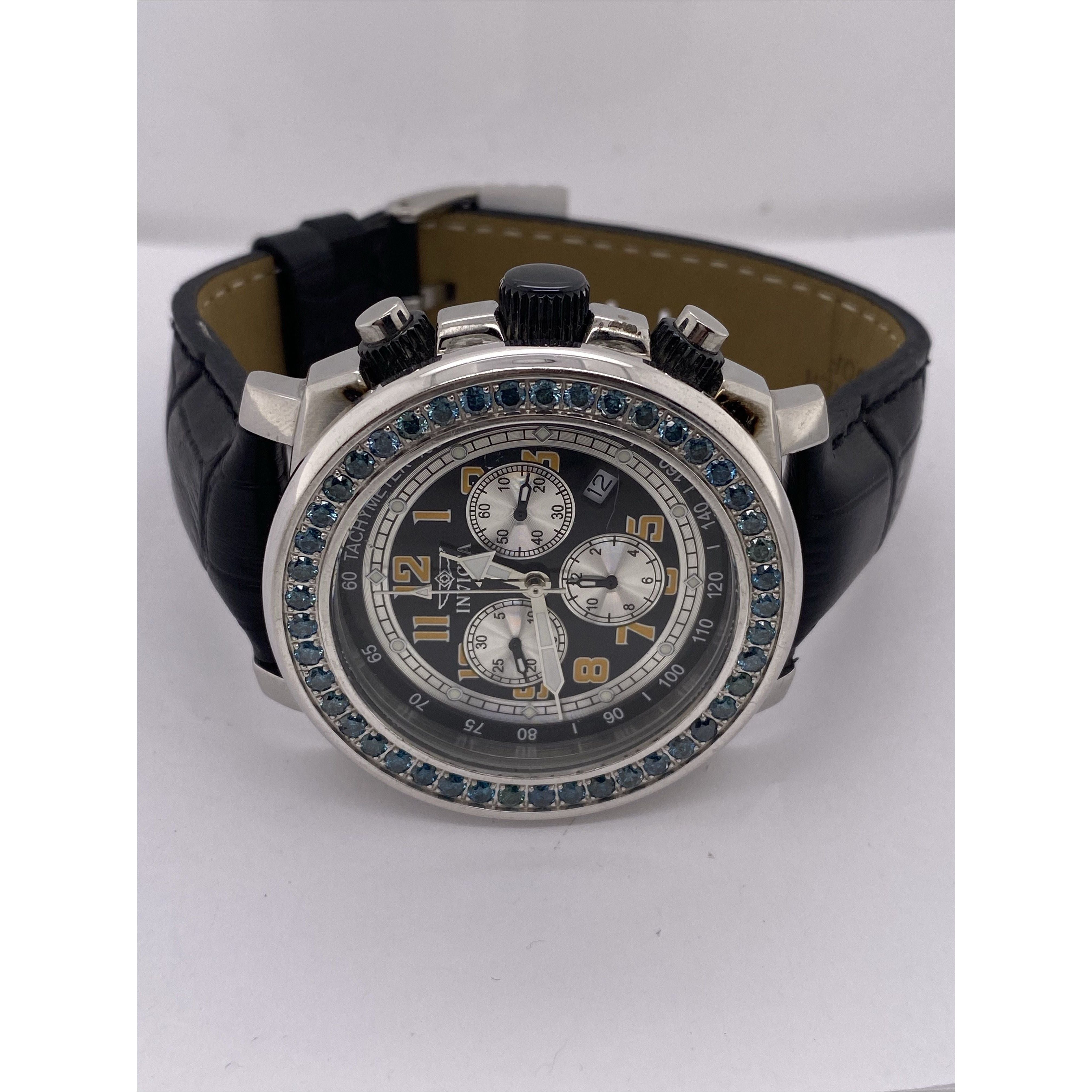Invicta Men's Black Dial Blue Diamond Bezel 2.00CT. Black