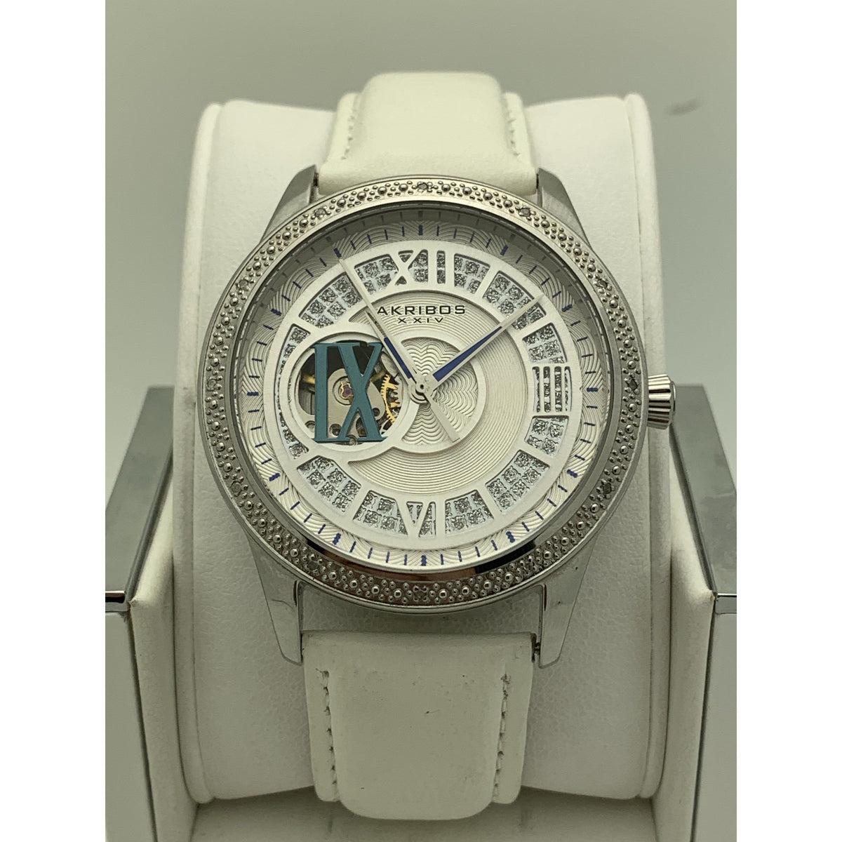 Akribos Ladies Silver Dial White Leather Strap Automatic Watch AK474SS