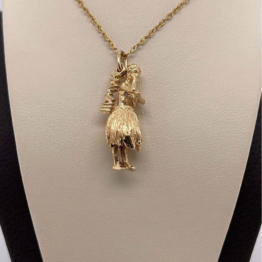 14K Yellow Gold Hawaii Hula Girl Charm Pendant P050