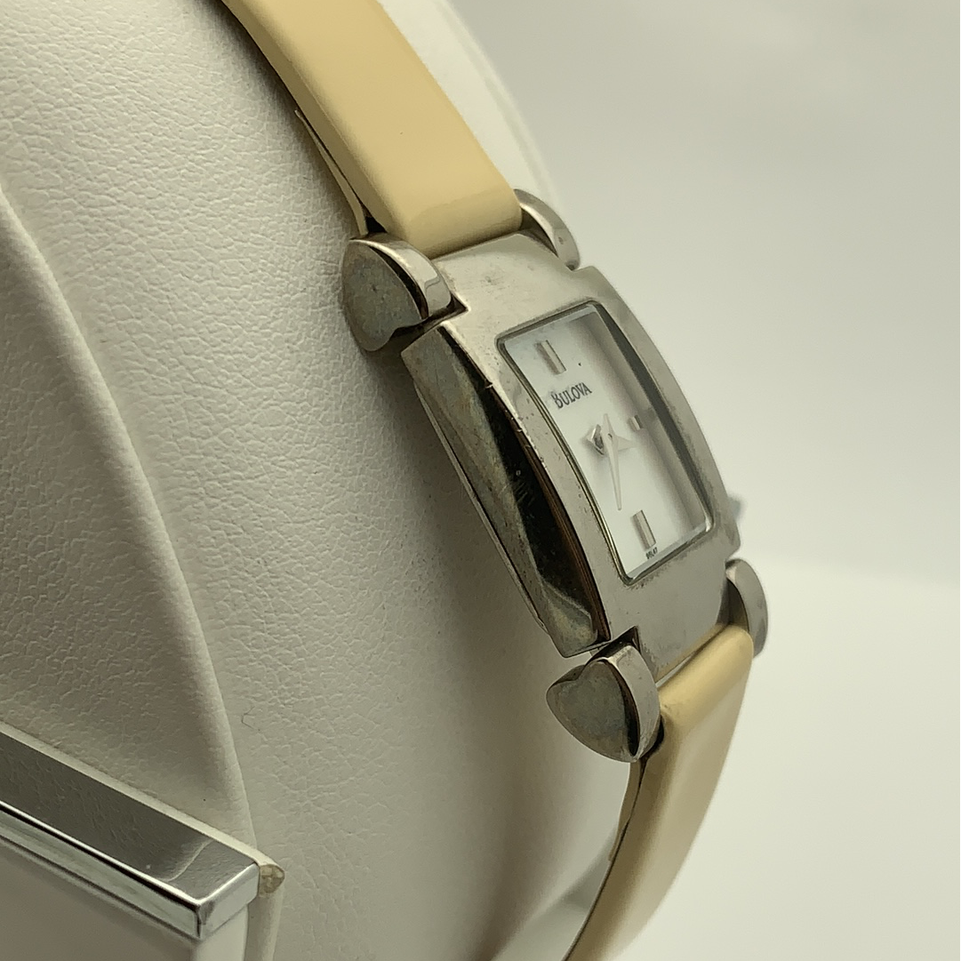 Bulova Ladies Square MOP Dial Cream Leather Strap Watch 96L47