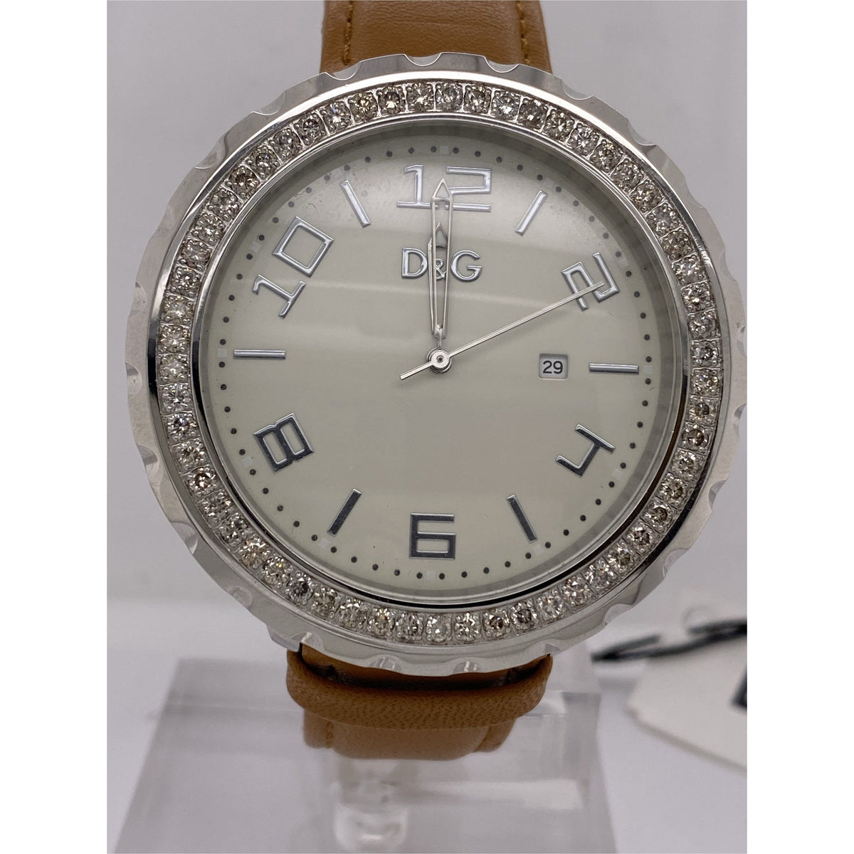 Dolce & Gabbana Time Men's 2ct. Diamond Bezel White Dial Brown Leather Strap Watch 3719340281