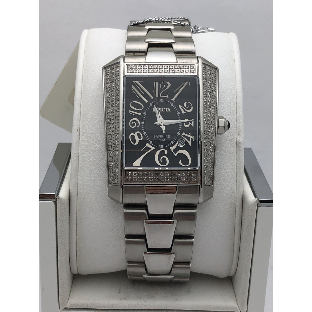Invicta Men's Black Dial Diamond Bezel Silver Tone Stainless Steel Bracelet Watch
