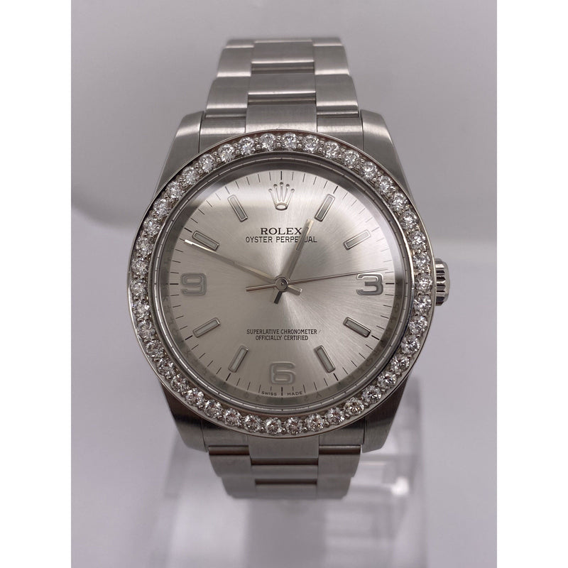 Rolex Men's Oyster Perpetual 36MM Silver Dial Diamond Bezel 2.20CT. Silver Oyster Bracelet Watch