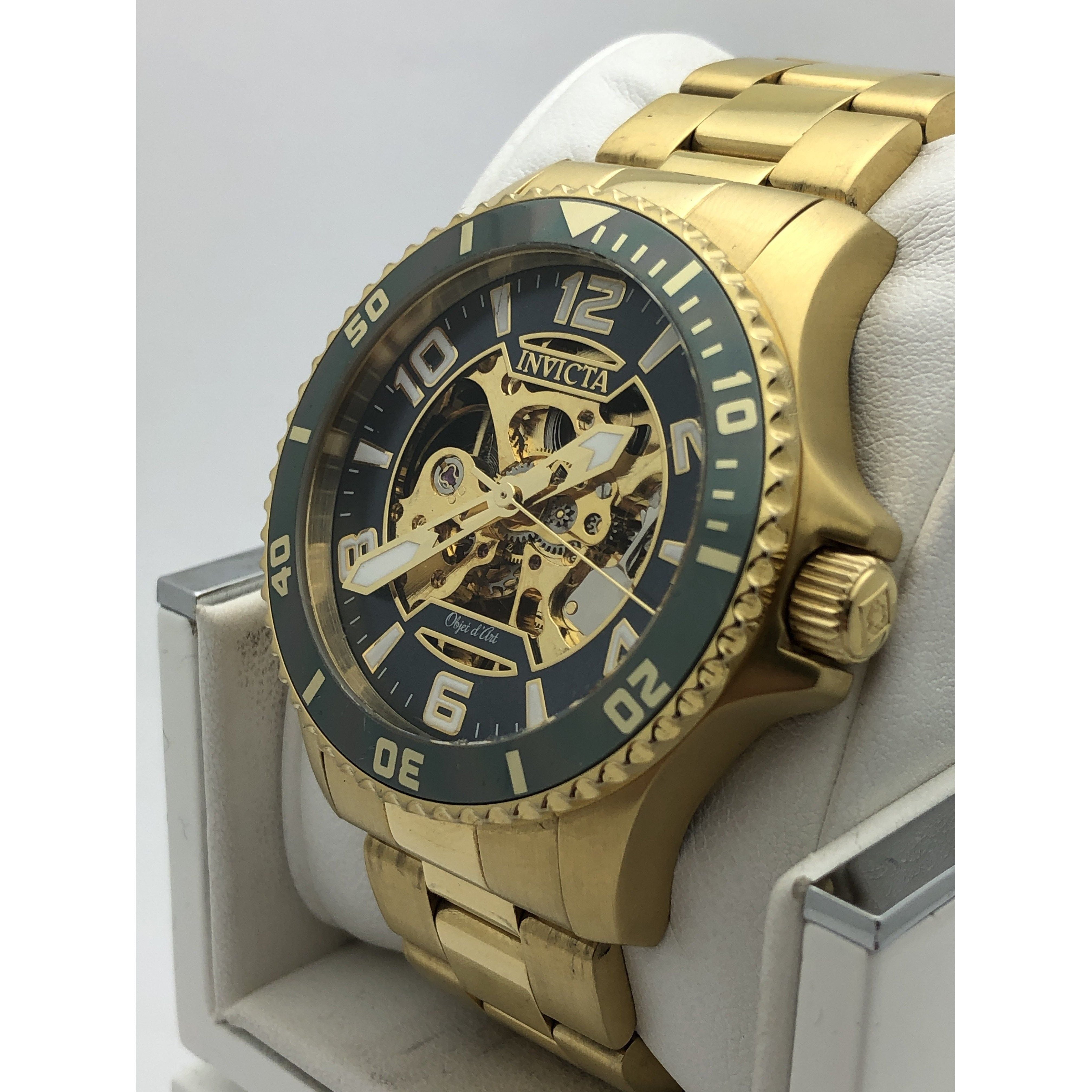 Invicta Mens Gold/Gray Tone Skeleton Dial Gold Tone Stainless